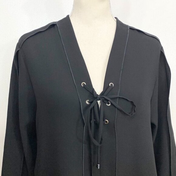 LUISA CERANO BLACK LACE UP NECKLINE SHEER BLOUSE - 6 - Picture 5 of 10